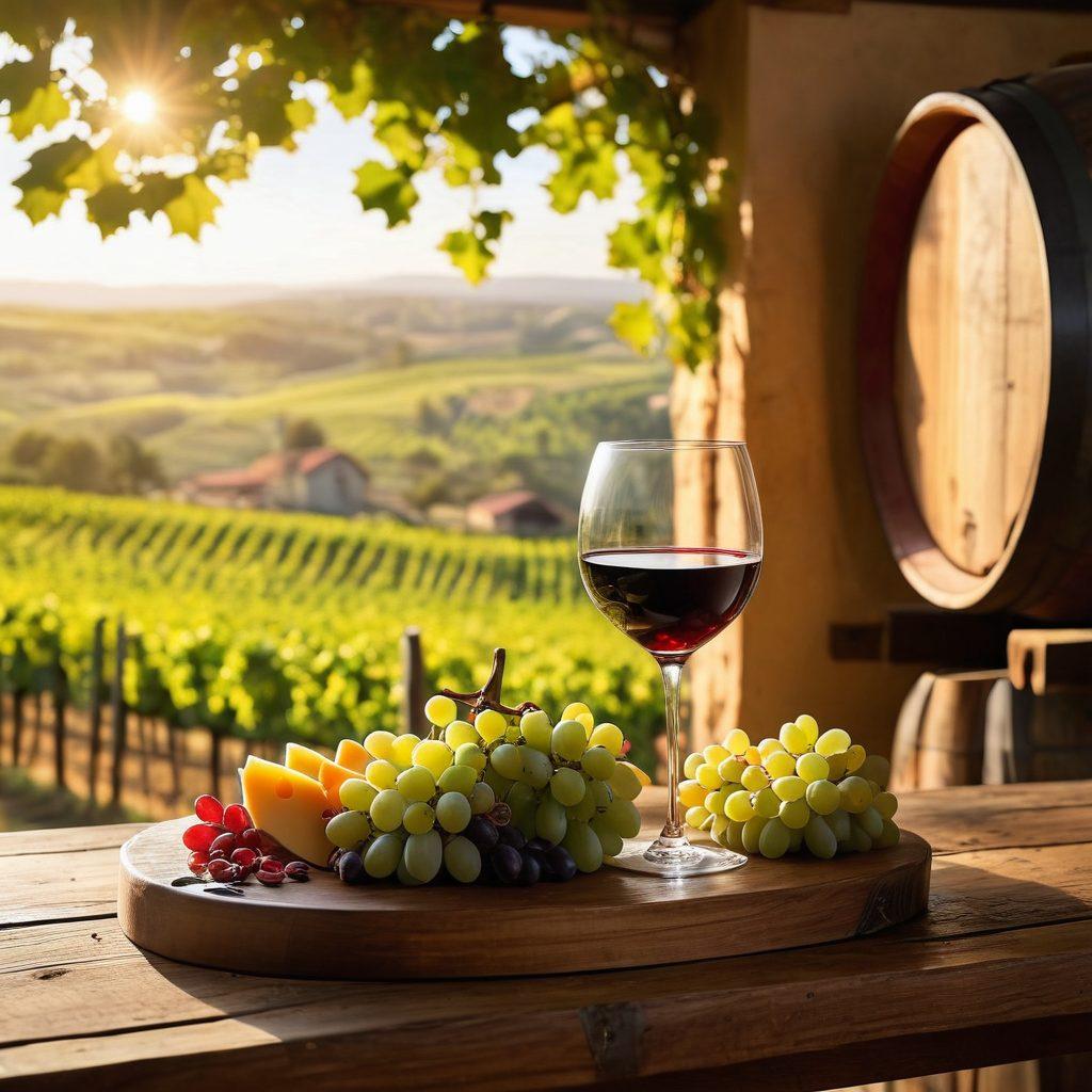 A picturesque vineyard bathed in golden sunlight, with lush green grapevines heavy with ripe grapes. In the foreground, a beautifully crafted wine glass catches the light, partially filled with deep red wine, reflecting the vibrant hues of the landscape. A rustic wooden table adorned with wine barrels and a cheese platter adds to the scene, evoking a sense of warmth and joy. Artistic brush strokes add a dreamy quality to the image. vibrant colors. painting.