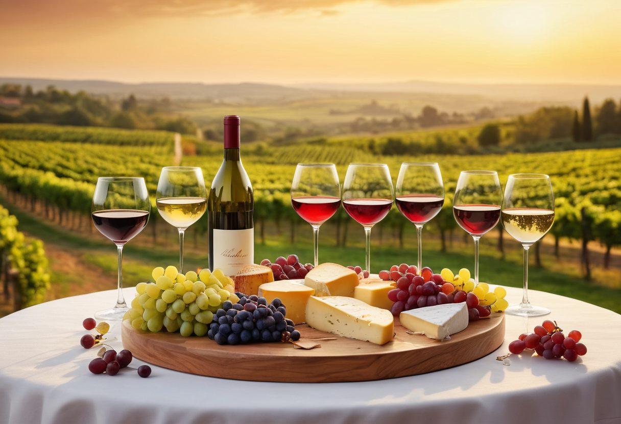 A beautifully arranged wine tasting table adorned with elegant glasses filled with rich, swirling red and white wines. Include a backdrop of lush vineyards under a golden sunset, with clusters of grapes and artisan cheese scattered around. Capture a joyous group of diverse friends raising their glasses in celebration, embodying warmth and laughter. Emphasize the luxury and indulgence of wine culture. super-realistic. vibrant colors. warm atmosphere.