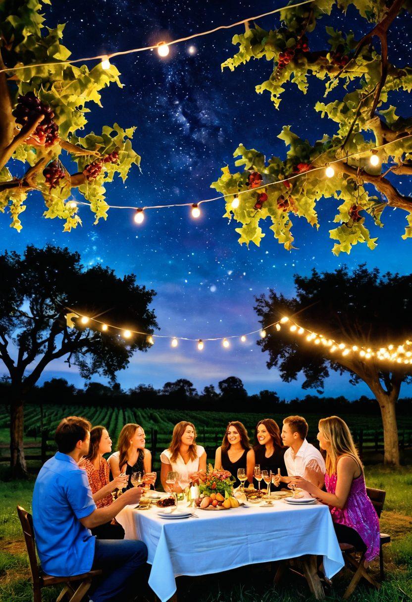 A joyful gathering of friends raising their glasses of Alhim wines under a starlit sky, surrounded by lush vineyards and soft twinkling lights. The scene exudes warmth and celebration, with laughter and music in the air. Include a wooden picnic table laden with gourmet cheeses and fresh fruits. Bright colors and a sense of movement to capture the essence of happiness. super-realistic. vibrant colors. 3D.